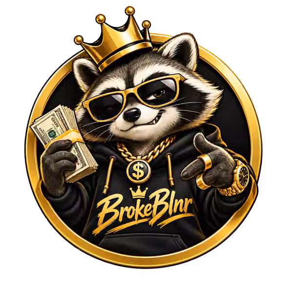 The BrokeBlnr raccoon in a crown, gold sunglasses and black hoodie, confidently holding cash.